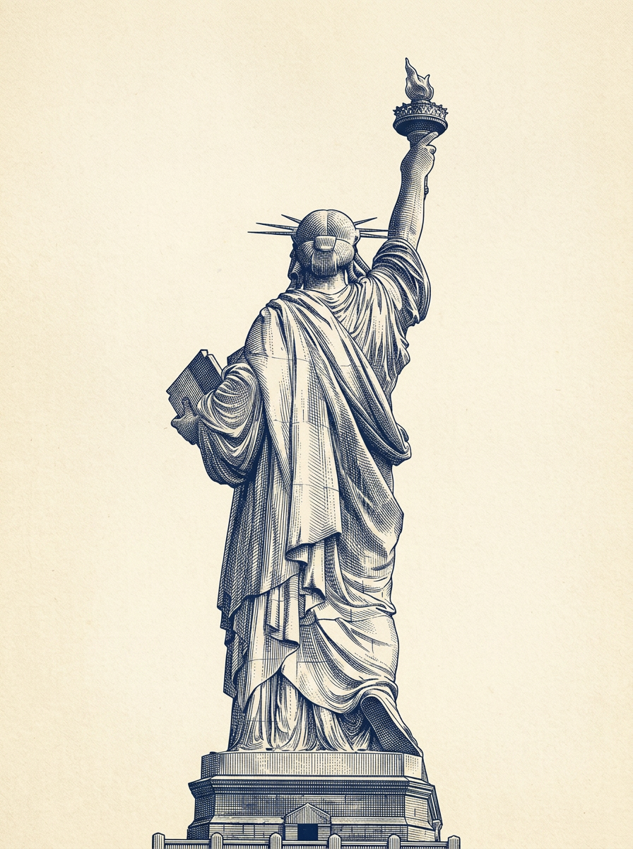 Statue of Liberty rendered as a navy etched engraving on parchment